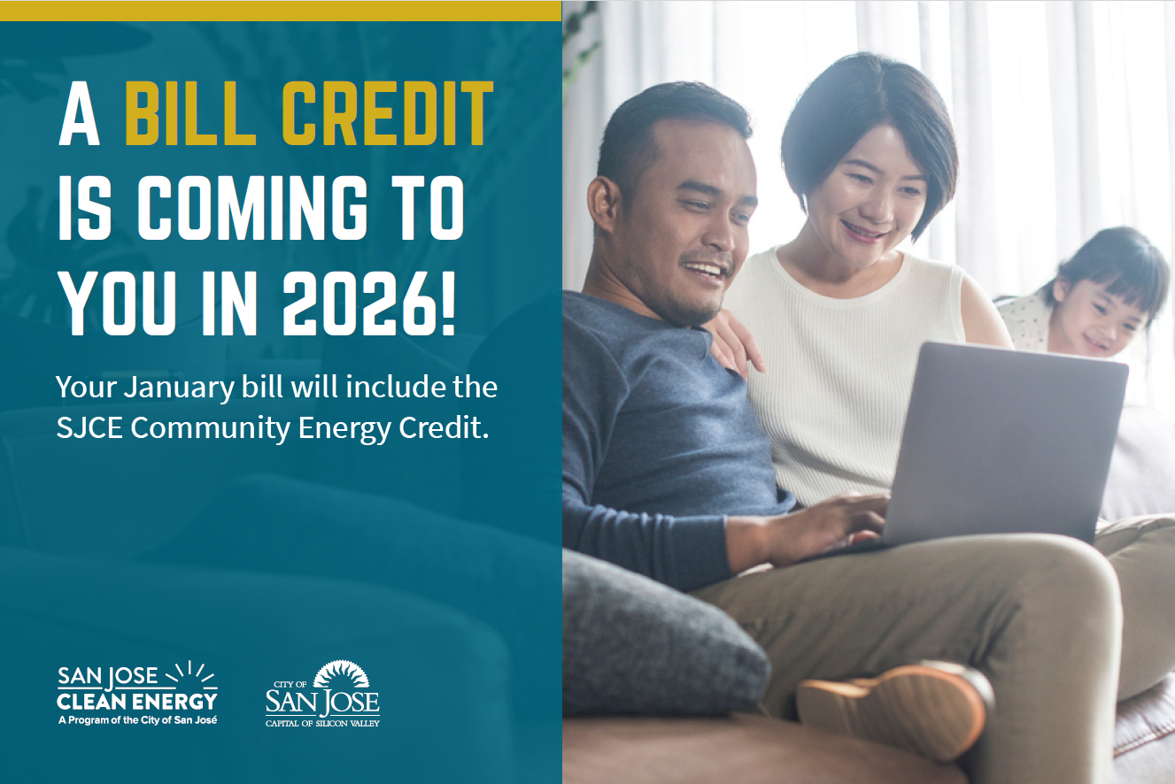 Asian family on the right, man and woman looking at a laptop screen on the couch smiling. To the left is text that reads, "A Bill Credit if Coming in 2026"