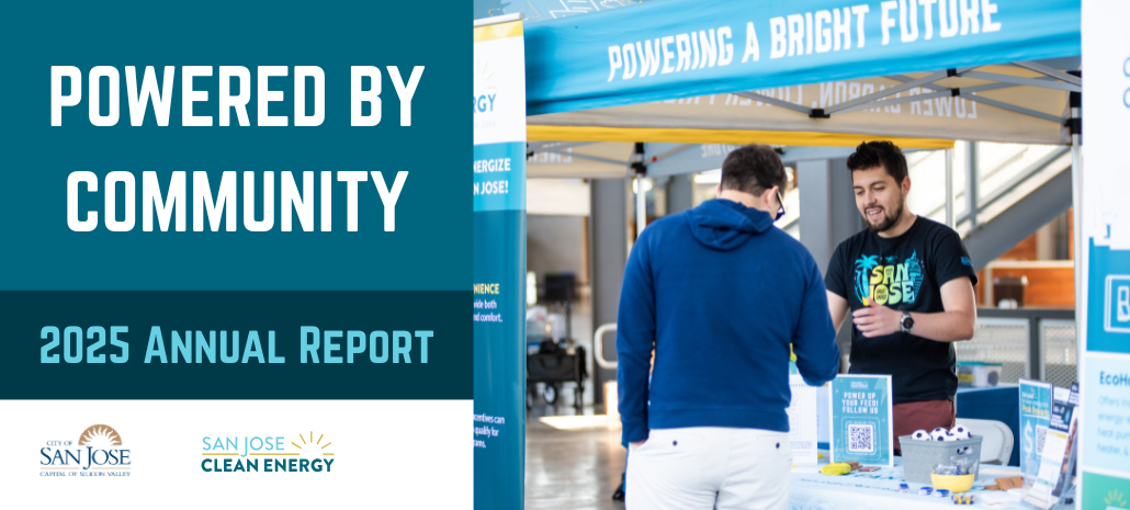 Annual Report text, to the right is the cover image of two men speaking in front of an SJCE community booth.