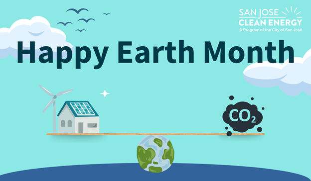 A house with solr and windmill on the left being balanced on the earth, with a puff of smoke on the right labeled CO2. The text at top reads Happy Earht Month.